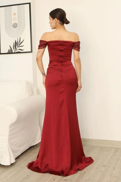 Straplez Yaka File ve Bel Detaylı Saten Abiye Elbise 2368-Bordo - Resim 8