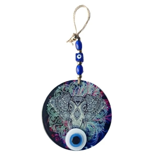 Fil Figürlü Nazar Boncuklu Füzyon Cam Duvar Süsü - Resim 2