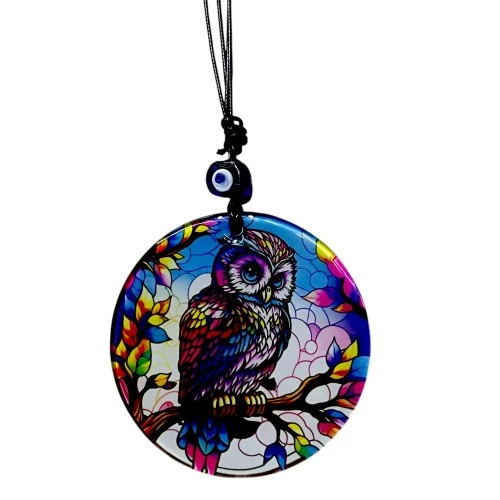 Dalda Baykuş Desenli 12 Cm Füzyon Cam Duvar Süsü - Resim 4