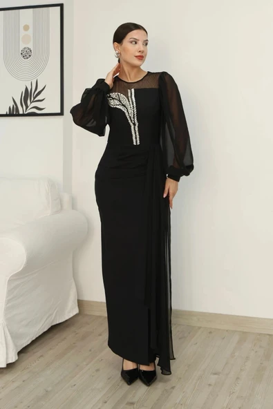 Yakası Tül Bel Detaylı Pile ve Yırtmaçlı Abiye Elbise 2313-Siyah - Resim 2