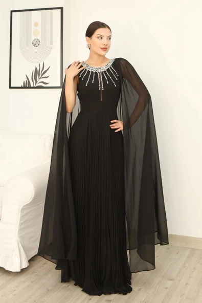 Pelerin Kollu Taş İşlemeli ve Bel Detaylı Abiye Elbise 2256-Siyah - Resim 3