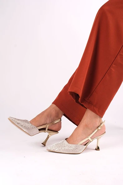 Kadın gold topuklu abiye ayakkabı - Resim 3