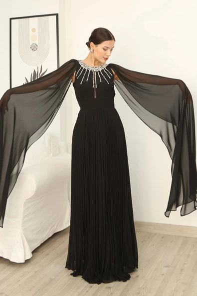 Pelerin Kollu Taş İşlemeli ve Bel Detaylı Abiye Elbise 2256-Siyah - Resim 2