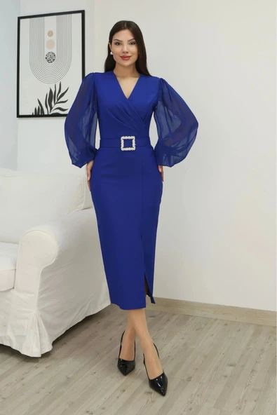 Kruvaze Yaka Balon Kollu Yırtmaçlı Abiye Elbise 2315-Saks ürün görseli 1