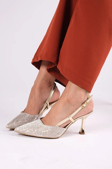 Kadın gold topuklu abiye ayakkabı - Resim 2