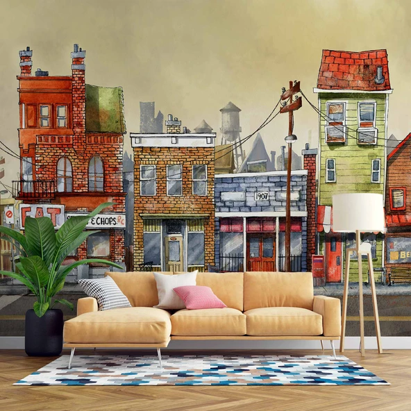 Sokak Manzara Çizimi Duvar Kağıdı Baskı ürün görseli 1