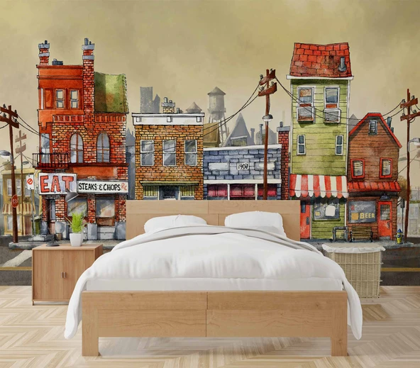 Sokak Manzara Çizimi Duvar Kağıdı Baskı - Resim 2