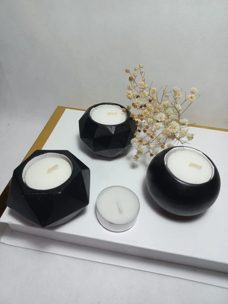 Geometrit Desenli Siyah 3'lü Mumluk Set, Dekoratif Masa Sehpa Üstü Aksesuar Obje ürün görseli 1