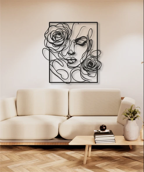 Metal Duvar Tablosu Kadın Figürü Gül Sanatı Line Art Modern Soyut Dekoratif Aksesuar - Resim 3