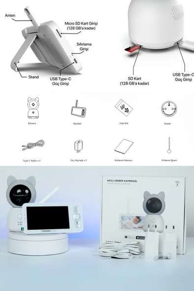 Xenon Smart Akıllı Monitörlü Bebek Kamerası ve Beyaz Gürültü Pış Pış Sesi Bebek Uyku Arkadaşı Seti Siyah - Resim 7