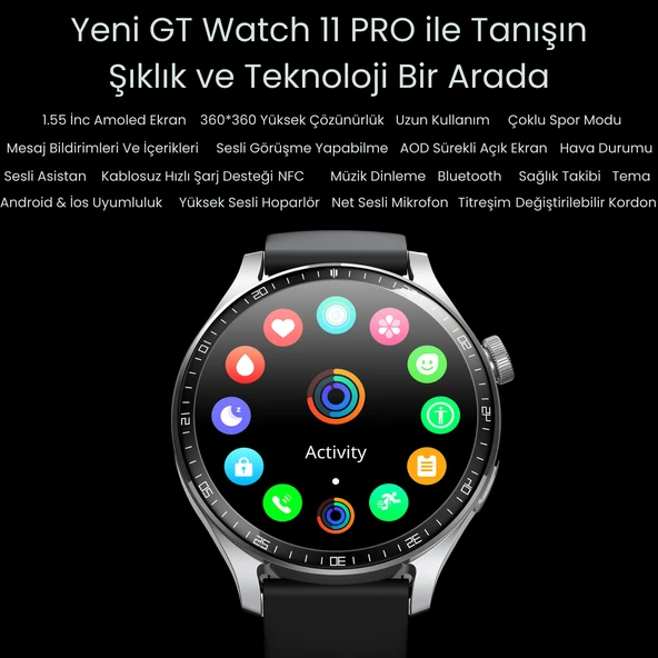 GT Watch 11 PRO Erkek Klasik Akıllı Saat AMOLED Sesli Görüşme NFC Android iPhone Huawei Uyumlu 8,9,10 - Resim 2