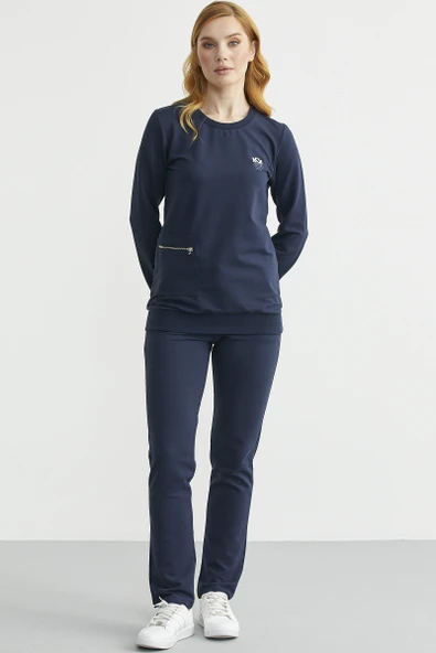 Sıfır Yaka Cepli Eşofman Takım - Lacivert - Resim 5