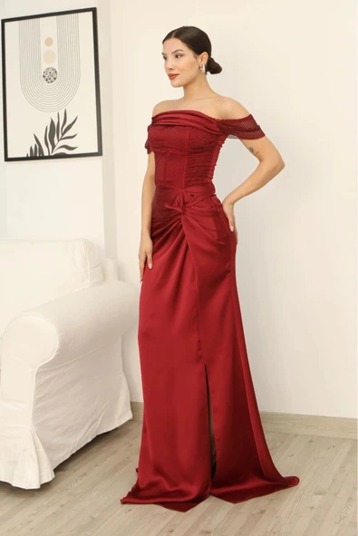 Straplez Yaka File ve Bel Detaylı Saten Abiye Elbise 2368-Bordo - Resim 4
