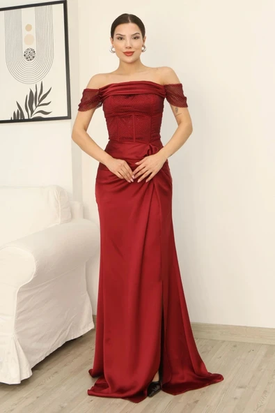 Straplez Yaka File ve Bel Detaylı Saten Abiye Elbise 2368-Bordo - Resim 2