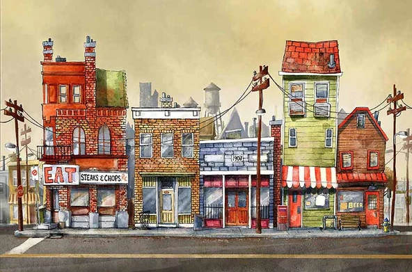 Sokak Manzara Çizimi Duvar Kağıdı Baskı - Resim 7