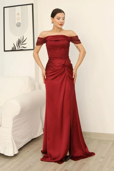 Straplez Yaka File ve Bel Detaylı Saten Abiye Elbise 2368-Bordo ürün görseli 1