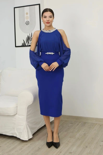 Omzu Açık Balon Kol Taş Detaylı Abiye Elbise 2261-Saks - Resim 3