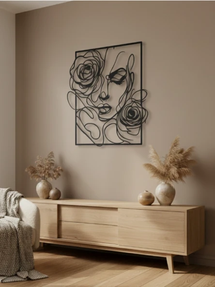 Metal Duvar Tablosu Kadın Figürü Gül Sanatı Line Art Modern Soyut Dekoratif Aksesuar - Resim 2