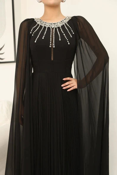 Pelerin Kollu Taş İşlemeli ve Bel Detaylı Abiye Elbise 2256-Siyah - Resim 7