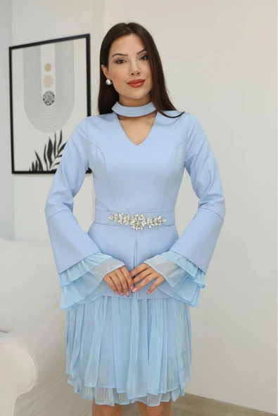 Büzgü Detaylı Kemerli Elbise 2338-Bebe Mavisi - Resim 4