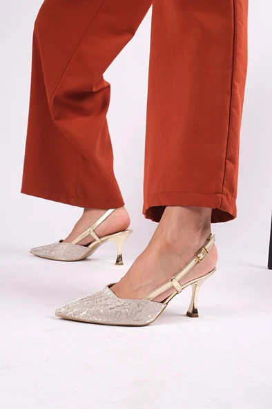 Kadın gold topuklu abiye ayakkabı - Resim 4