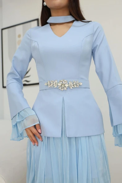 Büzgü Detaylı Kemerli Elbise 2338-Bebe Mavisi - Resim 5