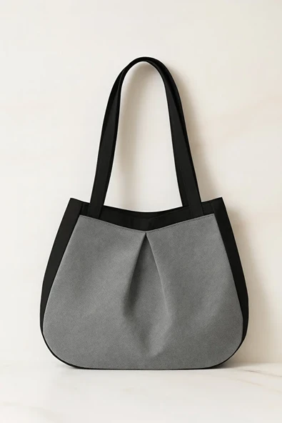 Siyah Gri Çok Amaçlı Premium Oversize Düz Orta Boy Kanvas Kadın El ve Omuz Çantası - Resim 7