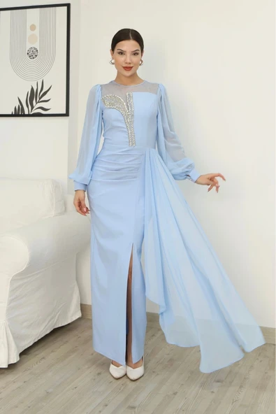 Yakası Tül Bel Detaylı Pile ve Yırtmaçlı Abiye Elbise 2313-Bebe Mavisi - Resim 3