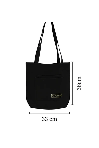 Çok Amaçlı Premium Tek Çıtlı Life Baskılı Siyah Orta Boy Kanvas El ve Omuz Çantası - Resim 5