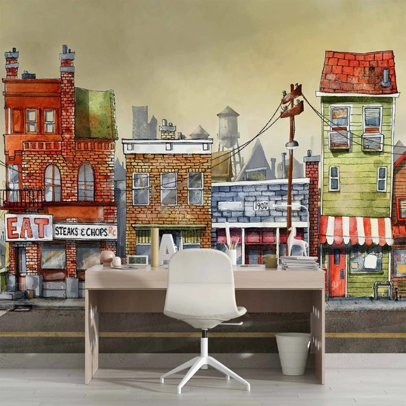 Sokak Manzara Çizimi Duvar Kağıdı Baskı - Resim 4