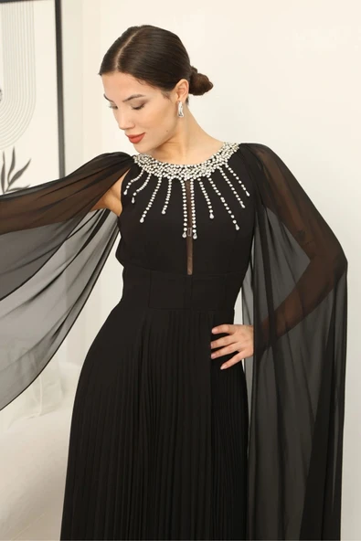 Pelerin Kollu Taş İşlemeli ve Bel Detaylı Abiye Elbise 2256-Siyah - Resim 6