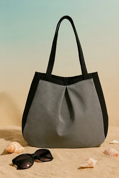 Siyah Gri Çok Amaçlı Premium Oversize Düz Orta Boy Kanvas Kadın El ve Omuz Çantası - Resim 4