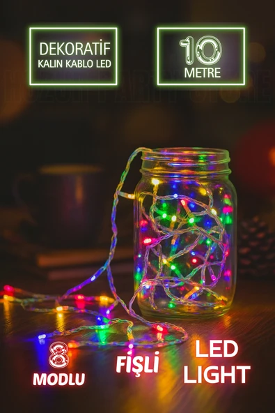 Karışık Renkli Işıklı Yılbaşı Ağacı Işığı Süsü Led 10 Metre Kablolu Fişli 100 Ledli 8 Modlu Mix ürün görseli 1