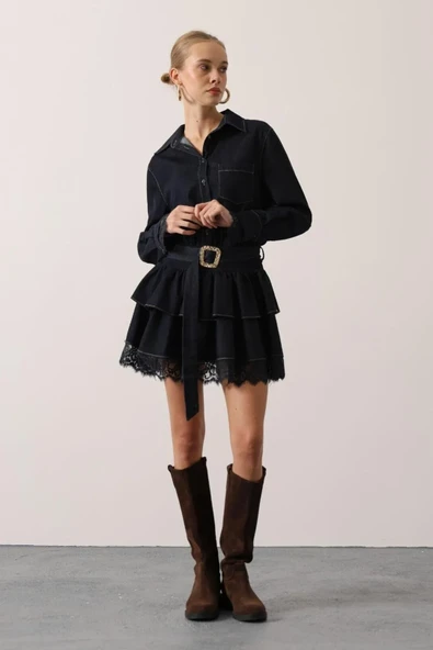 Kontrast Dikişli Denim Mini Elbise - Resim 3