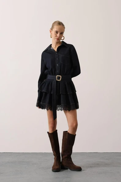 Kontrast Dikişli Denim Mini Elbise - Resim 2