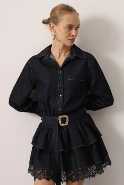 Kontrast Dikişli Denim Mini Elbise - Resim 4