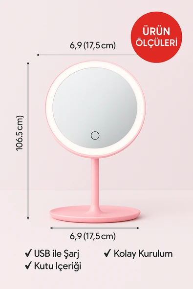 Profesyonel LED Makyaj Aynası – Dokunmatik, 3 Işık Modu, Şarjlı 360° Ayarlanabilir Ayna Pudra Pembe - Resim 8