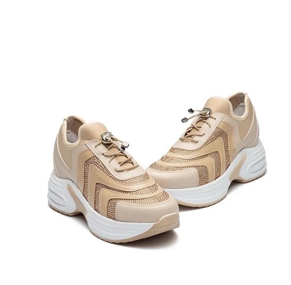 Kadın Yüksek Taban Rahat Şık Günlük Spor Ayakkabı Bej Renk - Resim 4