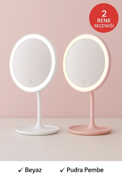 Profesyonel LED Makyaj Aynası – Dokunmatik, 3 Işık Modu, Şarjlı 360° Ayarlanabilir Ayna Pudra Pembe - Resim 6