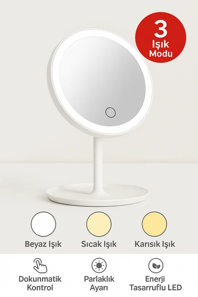 Profesyonel LED Makyaj Aynası – Dokunmatik, 3 Işık Modu, Şarjlı 360° Ayarlanabilir Ayna Pudra Pembe - Resim 7