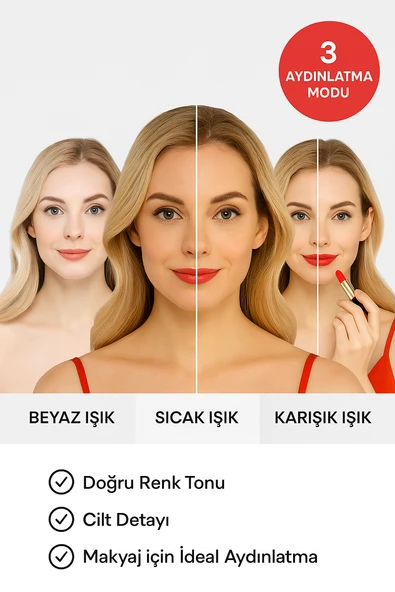 Profesyonel LED Makyaj Aynası – Dokunmatik, 3 Işık Modu, Şarjlı 360° Ayarlanabilir Ayna Pudra Pembe - Resim 5