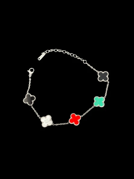 ? Yonca Model Çok Renkli Taşlar Gümüş Renk Şıkl Çelik Bilekik — Şansın ve Zarafetin Simgesi! ürün görseli 1