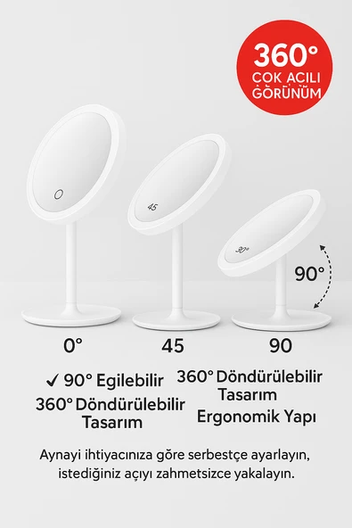 Profesyonel LED Makyaj Aynası – Dokunmatik, 3 Işık Modu, Şarjlı 360° Ayarlanabilir Ayna Beyaz - Resim 7