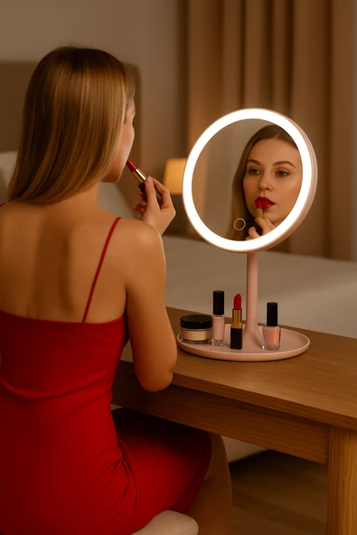 Profesyonel LED Makyaj Aynası – Dokunmatik, 3 Işık Modu, Şarjlı 360° Ayarlanabilir Ayna Pudra Pembe - Resim 2