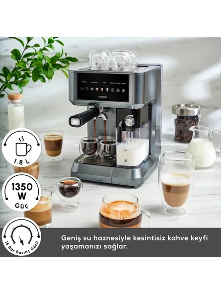 Karaca Mycaffe Barista S10 Entegre Süt Hazneli Otomatik Espresso Latte ve Cappuccino Mak. Galaxygrey - Resim 5