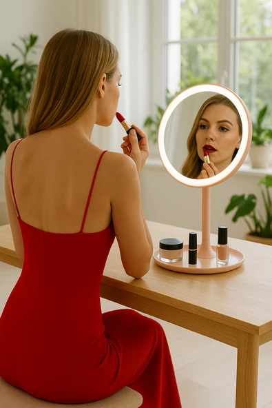 Profesyonel LED Makyaj Aynası – Dokunmatik, 3 Işık Modu, Şarjlı 360° Ayarlanabilir Ayna Pudra Pembe ürün görseli 1