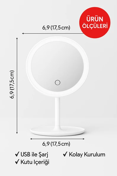 Profesyonel LED Makyaj Aynası – Dokunmatik, 3 Işık Modu, Şarjlı 360° Ayarlanabilir Ayna Beyaz - Resim 8