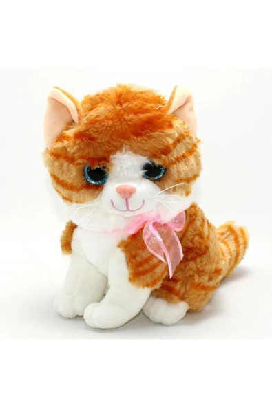 Sarı Beyaz Sesli Oturan Peluş Tekir Kedi ürün görseli 1