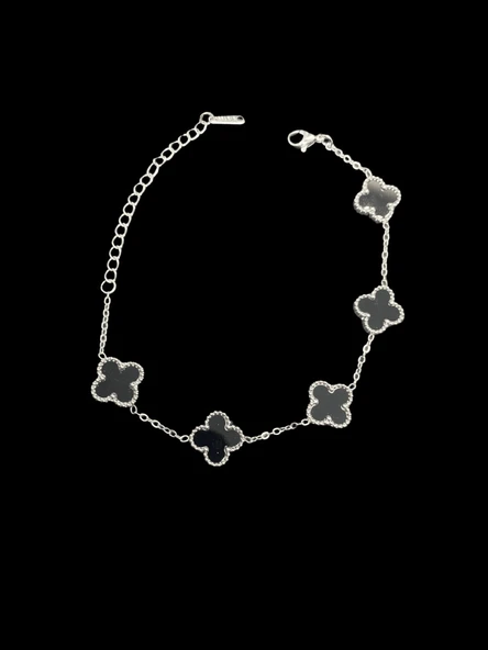 ? Yonca Model Siyah Taşlı Gümüş Renk Şık Çelik Bileklik — Şansın ve Zarafetin Simgesi ürün görseli 1