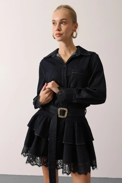 Kontrast Dikişli Denim Mini Elbise ürün görseli 1